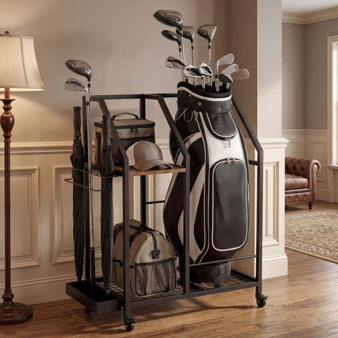 Mobile Golf Storage Organizer For Garage With Locking Casters Heavy Duty Golf Bag Rack To Move Your Gear Easily displayed indoors