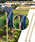 Woman using 54 inch solid wood garden tool handles for digging in a field with text "54 inch extended handle" and product image.