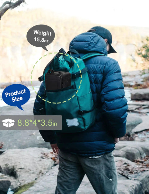 Person outdoors with backpack, showing Floating Waterproof Kayak Dry Box With Stainless Steel Hinge And Mesh Pocket Airtight ABS Storage Case For Phones Keys And Boating Gear, 8.8 by 4 by 3.5 inch, placed in side pocket.