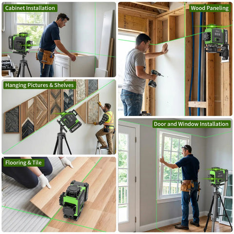 16 Line Green Laser Level Kit With 4x360 Degree Beams Auto Self Leveling For Pro Grade DIY Renovations Long Range Remote Dual 4800mAh Batteries 48 Hour Runtime Tripod And Hard Case showing cabinet, tile, and window installation