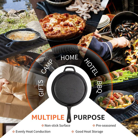 Two In One Cast Iron Dutch Oven With Lid That Doubles As A Shallow Skillet, 3.2 Quart Deep Pot For Searing And Stewing in various cooking settings