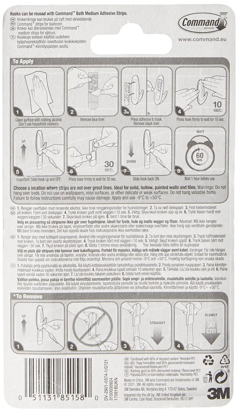 Instructions for Hella Strong Damage Free Bathroom Hooks With Water Resistant Adhesive Strips No Sweat Installation.