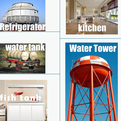 Collage of water-related equipment and home appliances: water tank, water tower, fish tank, refrigerator, kitchen.