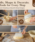 Starter Kit With Dutch Oven And Scale For Bread, showing baking tools, proofing baskets, and stencil on dough, beige color scheme.