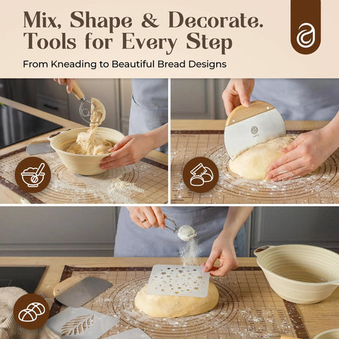 Starter Kit With Dutch Oven And Scale For Bread, showing baking tools, proofing baskets, and stencil on dough, beige color scheme.