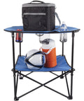 Round Two Tier Folding Camp Table With Four Cupholders And Carrying Bag Perfect For Camping Beach Picnics Tailgating And Outdoor Events Blue