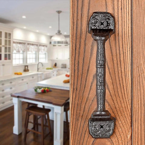 Dark brown cast iron sliding barn door handle in kitchen, Four Pack Cast Iron Sliding Barn Door Handles 5.51 Inch Dark Brown Vintage Metal Pulls