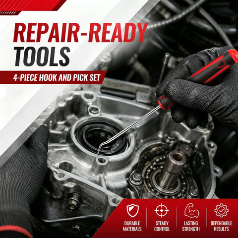 4 Piece Hook and Pick Set for O Ring, Seal and Gasket Removal with Slim Tips and Non Slip Grips for Tight Automotive Spaces An Essential Tool for Automotive Enthusiasts and DIYers Who Need to Grab Hard to Reach O Rings and Seals in engine repair.