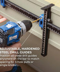 Adjustable drill guides being used with Cabinet Hardware Jig Pro XL Flexible Full Length To Compact Setup For Wide Pulls Or Knob Mounts