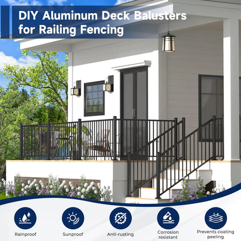 Aluminum Deck Railing Post With Screws, Weatherproof Black Textured AAMA 2604 Powder Coat Finish, shown on modern porch