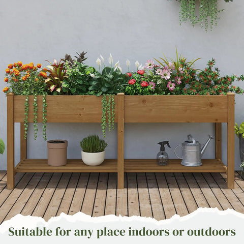 Wooden Raised Garden Bed With Legs And Two Tiers, Heavy Duty Planter Box For Backyard Patio Balcony, Divider Bag For Herbs And Veggies, Built In Storage Shelf For Tools And Pots, Brown Finish
