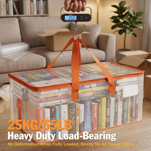 Extra Large Clear Moving Bags 2 Pack Heavy Duty Totes With Reinforced Handles And Label Pocket holding books, displayed on scale