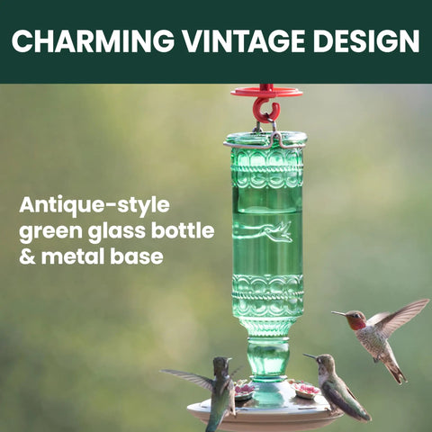 Glass Bottle Hummingbird Feeder With Antique Green Finish, Four Flower Ports And Perches, 10 Fl Oz Nectar Capacity, Durable Brushed Nickel Base, Outdoor Garden Decor For Hanging From Tree, Porch Or Deck