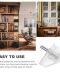 Bulk 100 Shelf Pegs For Cabinets And Shelves, sturdy clear plastic and stainless steel support pin shown near bookshelves.