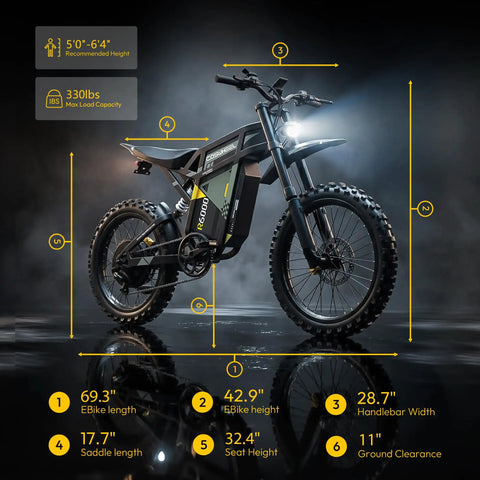 Powerful 7000W Peak Electric Dirt Bike for Adults with 60V 30Ah battery, side view highlighting size and dimensions.