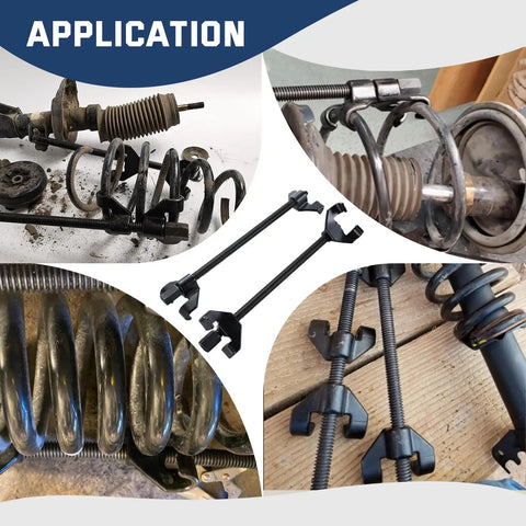 14 Inch Coil Spring Compressor Tool For MacPherson Suspension Struts shown with spring installation and removal applications