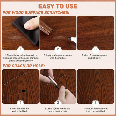 Instructions for using No Sweat Scratch Fix Kit 18 Color Wood Markers Plus Fillers for repairing wood scratches and holes.