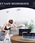 Luxury Hotel Scent Whole Home Air Freshener System on table, woman with dog, living room with HVAC duct, Ash Harbor branding