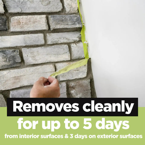Rugged Painter's Tape For Rough Surfaces 1 Inch By 60 Yard Green 4 Pack, sticking to brick wall, demonstrating clean removal.