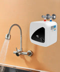 Solid Build Instant Electric Water Heater For Under Sink, 2.1 Gallon Compact Tankless Unit mounted under sink with faucet.