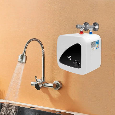 Solid Build Instant Electric Water Heater For Under Sink, 2.1 Gallon Compact Tankless Unit mounted under sink with faucet.