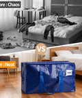Before and after of room using Waterproof Storage Bags 2 Pack Large Organizer Bags For Clothes, Blankets, And Laundry, Perfect For Moving.