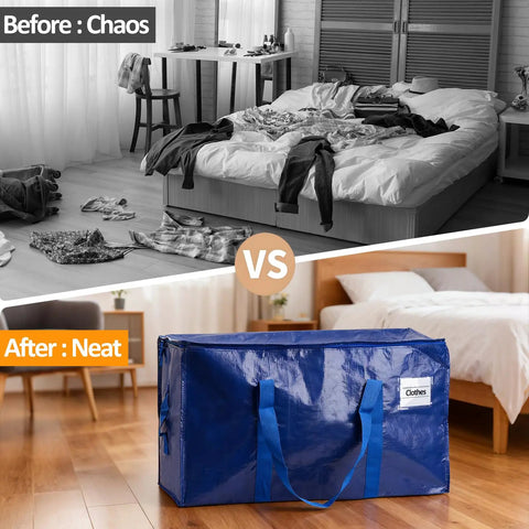 Before and after of room using Waterproof Storage Bags 2 Pack Large Organizer Bags For Clothes, Blankets, And Laundry, Perfect For Moving.
