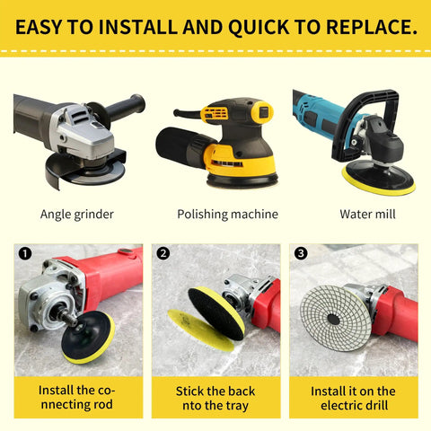 Installation steps of 7 Inch Diamond Polishing Pads Tile Stone Sanding Kit With Heavy Duty Resin Bond for electric tools.
