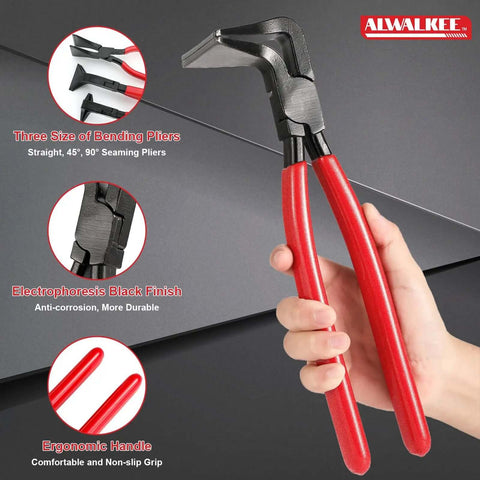 Sheet Metal Bending Pliers Set, 3-Piece Straight 45 Degree 90 Degree Hand Seamer with red handles, for metalwork applications