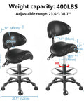 Ergonomic Adjustable Drafting Chair With Oversized Saddle Seat For Salon And Workshop, height range 23.6 to 30.7 inches, black, shown with measurements and features.