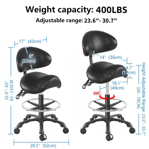 Ergonomic Adjustable Drafting Chair With Oversized Saddle Seat For Salon And Workshop, height range 23.6 to 30.7 inches, black, shown with measurements and features.