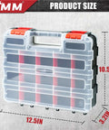 Front view of Double Sided Tool Box Organizer With 34 Compartments And 24 Removable Dividers Red Tackle Box, dimensions shown.