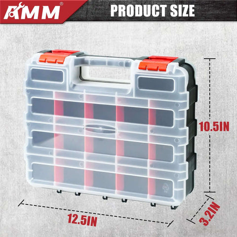 Front view of Double Sided Tool Box Organizer With 34 Compartments And 24 Removable Dividers Red Tackle Box, dimensions shown.