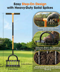 Manual Lawn Aerator with 16 sharp spikes in 4x4 layout, ergonomic handle, and heavy-duty steel construction on grass.