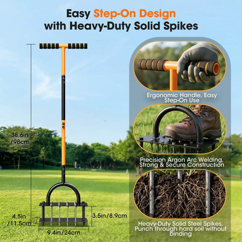 Manual Lawn Aerator with 16 sharp spikes in 4x4 layout, ergonomic handle, and heavy-duty steel construction on grass.