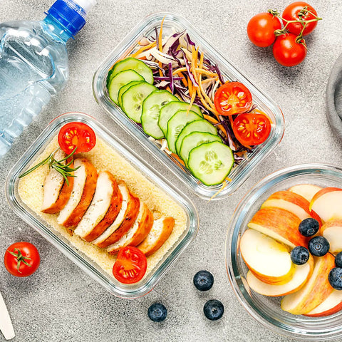 Glass meal prep containers filled with salad and fruit, part of 10 Pack Glass Meal Prep Containers With Airtight Lids, Stackable