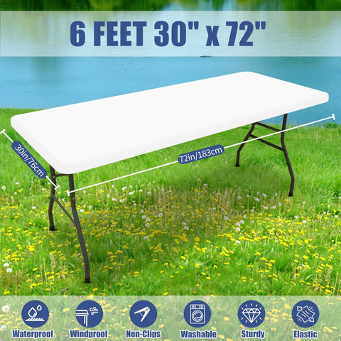 Stretchy 6 Ft Rectangle Tablecloths 2 Pack Elastic Fitted Outdoor Table Covers For Picnic And Parties Snug Fit Windproof Edges Washable White 30x72 Inches on a picnic table