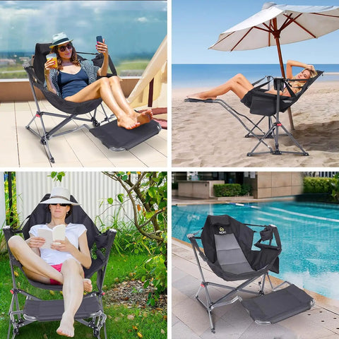 Heavy Duty Hammock Style Camping Chair With Stand And Footrest, Rocker High Back Seat With Cup Holder And Side Pocket, outdoors