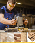 Pro Level 3 Piece 45 Degree Lock Miter Router Bit Set With Quarter Inch Shank and Heavy Duty Tungsten Carbide Cutters in use on wood.