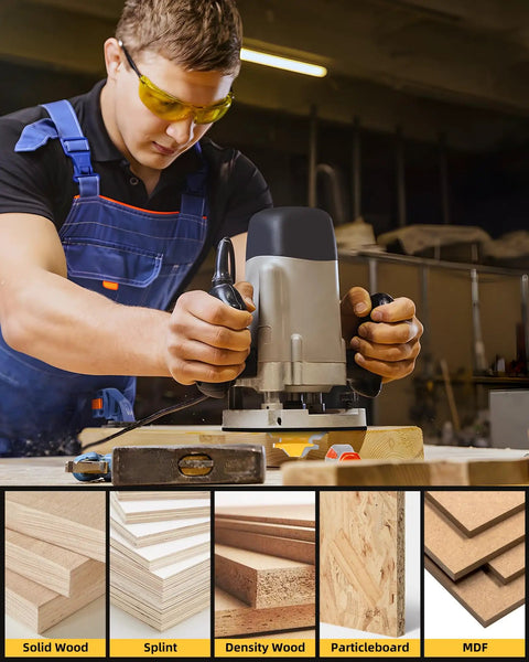 Pro Level 3 Piece 45 Degree Lock Miter Router Bit Set With Quarter Inch Shank and Heavy Duty Tungsten Carbide Cutters in use on wood.