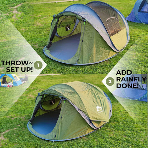 4 Person Easy Pop Up Tent With Automatic Setup No Fuss Waterproof Family Camping Tent with Skylight and Removable Rainfly on grass