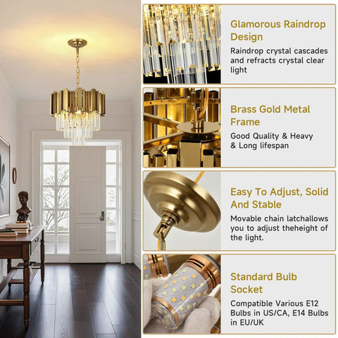 Gold Crystal Pendant Chandelier With Adjustable Chain For Dining Room, Living Room And Kitchen Island Modern Glam