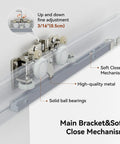 Solid As A Rock Concealed Sliding Barn Door Hardware Kit close-up of the main bracket with soft close mechanism and adjustment features.