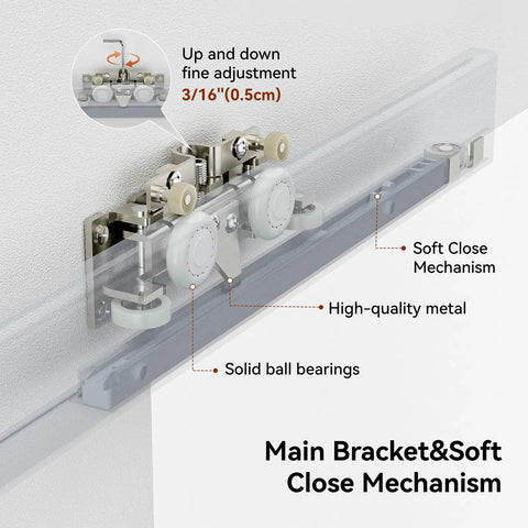 Solid As A Rock Concealed Sliding Barn Door Hardware Kit close-up of the main bracket with soft close mechanism and adjustment features.
