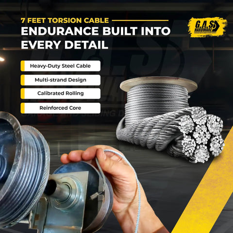 Close-up of 7-foot torsion garage door cable showcasing heavy-duty steel, reinforced core, multi-strand design.