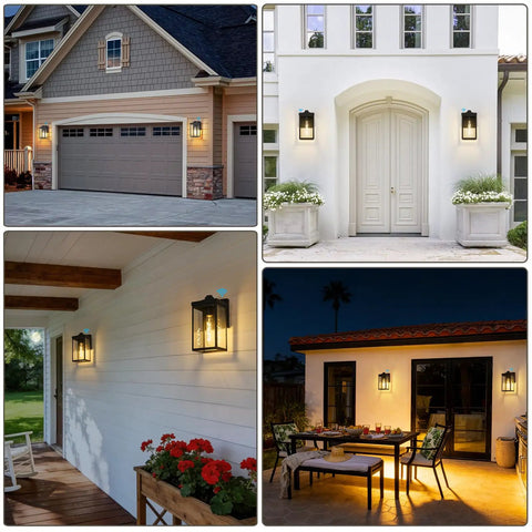 Two Pack Dusk To Dawn Sensor Outdoor Wall Lights, White Aluminum Sconce With Seed Glass on various outdoor settings