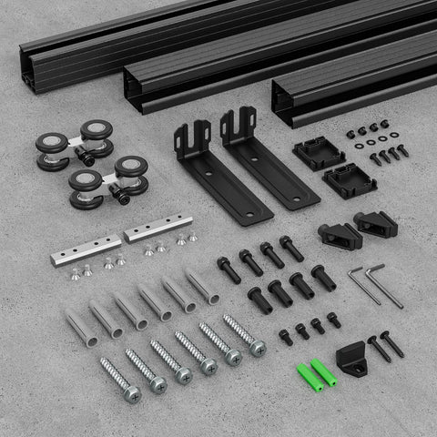 Heavy Duty 5 Foot Ceiling Mount Box Rail Barn Door Hardware Kit for Single Door with aluminum alloy components displayed.