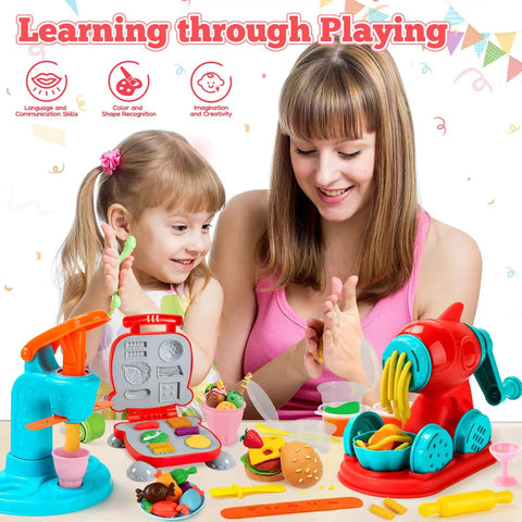 Mother and daughter playing with 3 In 1 Dough Set With 59 Pieces For Kids Ages 3 And Up Ice Cream Maker Noodle Machine Burger Maker.