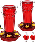 Two Pack Glass Hummingbird Feeders, 14 Ounce Capacity, Five Feeding Ports, Wide Mouth For Easy Filling And Cleaning, Outdoor Hanging Garden Decor, Leak Proof Gasket, Includes Ant Moat, Red