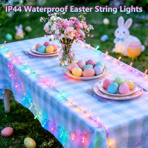 Pastel Outdoor String Lights 66ft 200 LED With 8 Modes Waterproof Plug In Connectable Twinkle Fairy Lights on picnic table